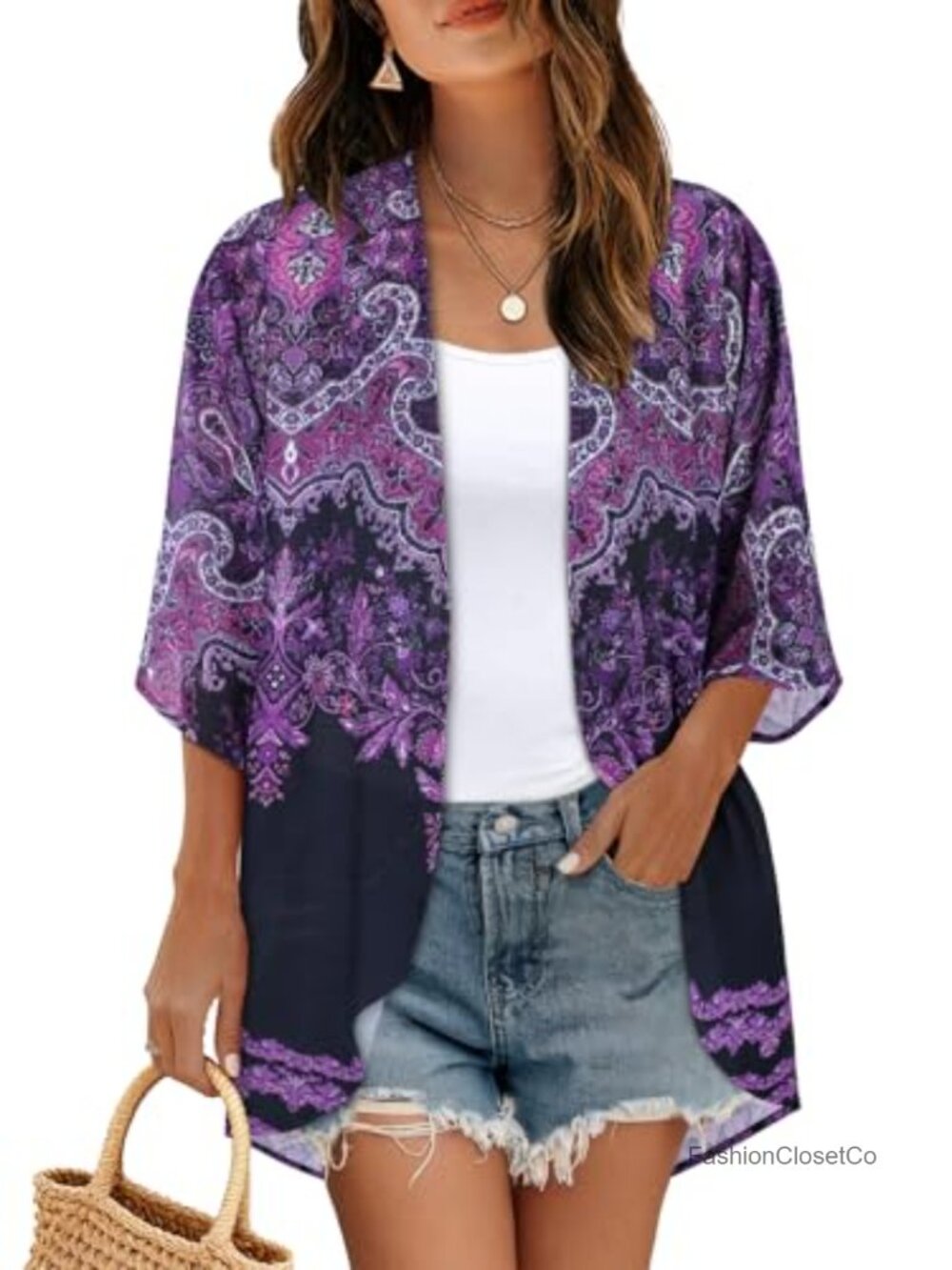 Lightweight Floral Kimono Cardigan Beach Cover Up Puff Sleeve Open Front